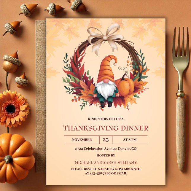Vattenfärgad Gnome Fall Wandeand Dinner (Thanksgiv Inbjudningar (Watercolor Gnome Fall Wreath Thanksgiving Dinner Invitation)