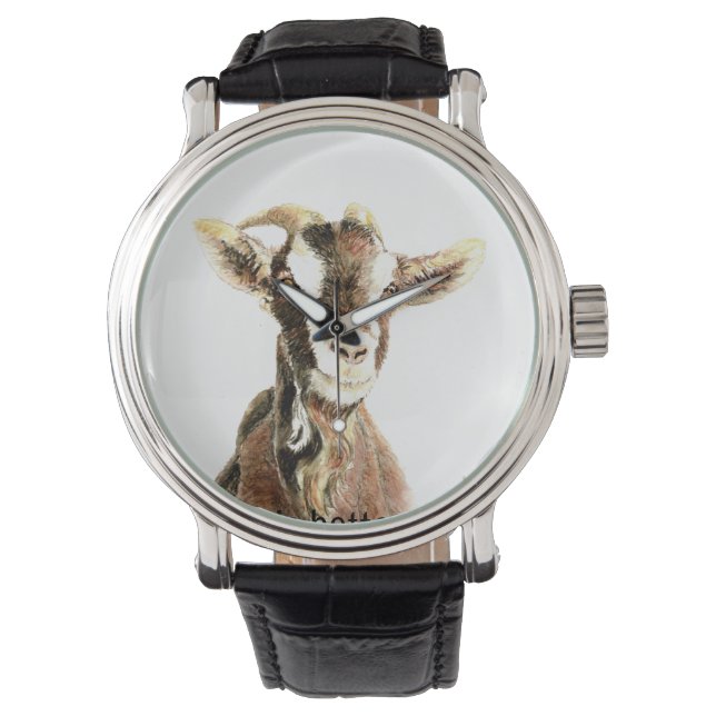 Vattenfärgad Goat Roligt Farm Animal Nature Art Armbandsur (Framsida)