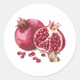 Vattenfärgad granatfrukt och fjäril runt klistermärke