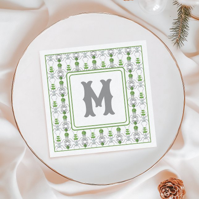 Vattenfärgad Grått Bows och Grönt Topiary Monogram Pappersservett (Skapare uppladdad)