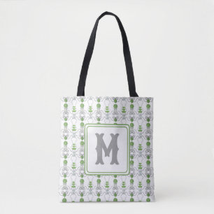 Vattenfärgad Grått Bows och Grönt Topiary Monogram Tygkasse