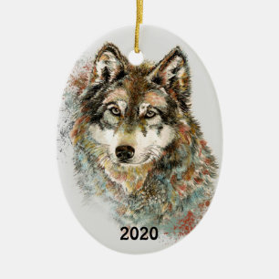 Vattenfärgad Grått Varg Wildlife Animal Nature Art Julgransprydnad Keramik