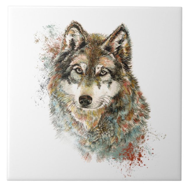 Vattenfärgad Grått Varg Wildlife Animal Nature Art Kakelplatta (Framsidan)
