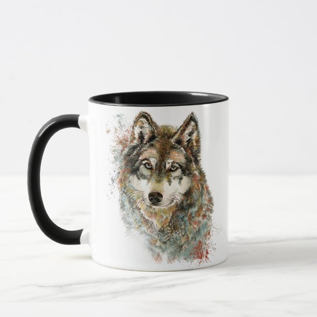 Vattenfärgad Grått Varg Wildlife Animal Nature Art Mugg (Vänster)