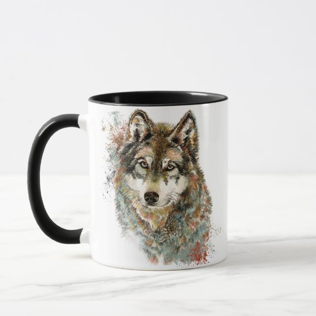 Vattenfärgad Grått Varg Wildlife Animal Nature Art Mugg (Vänster)