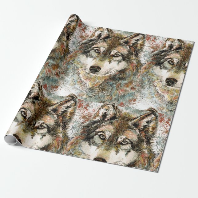 Vattenfärgad Grått Varg Wildlife Animal Nature Art Presentpapper (Utrullad)