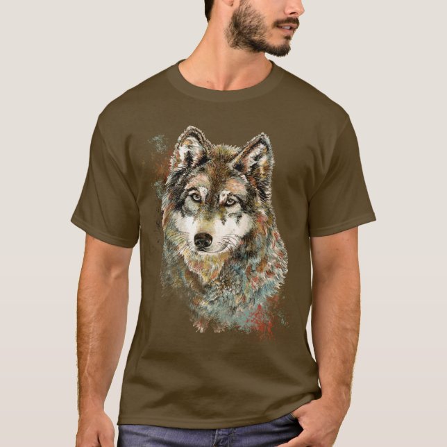 Vattenfärgad Grått Varg Wildlife Animal Nature Art T Shirt (Framsida)