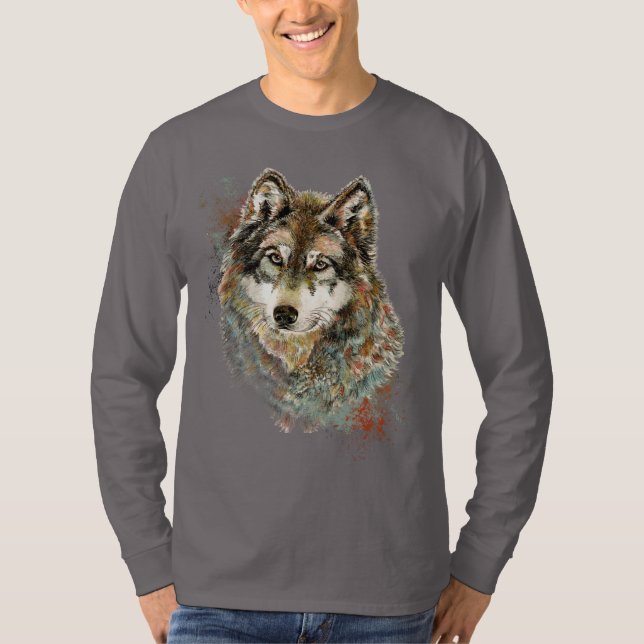 Vattenfärgad Grått Varg Wildlife Animal Nature Art T Shirt (Framsida)