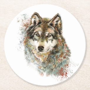 Vattenfärgad Grått Varg Wildlife Animal Nature Art Underlägg Papper Rund