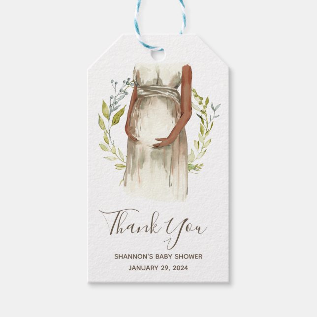 Vattenfärgad gravid kvinnlig babydusch Tack C Presentetikett (Framsidan)