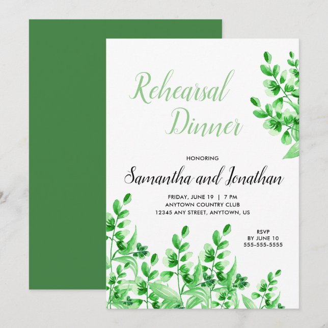 Vattenfärgad Greenery Calligraphy Rehearsal Dinner Inbjudningar (Fram/baksida)