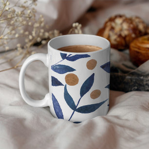 Vattenfärgad grenar och bär - indigo och beige kaffemugg