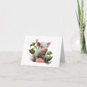 Vattenfärgad gris med blommor BLANK Kort