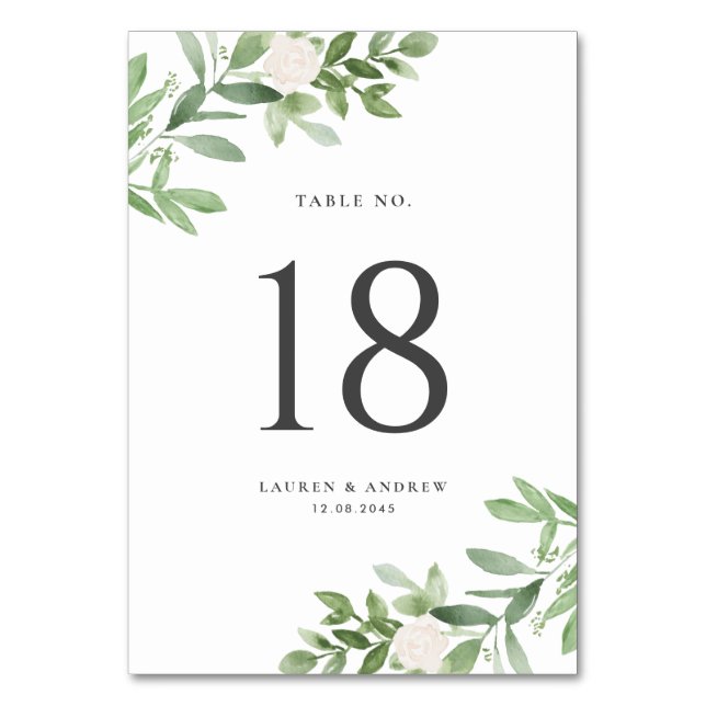 Vattenfärgad grön och vit Blommigt Grått Bröllop Bordsnummer (Baksidan)