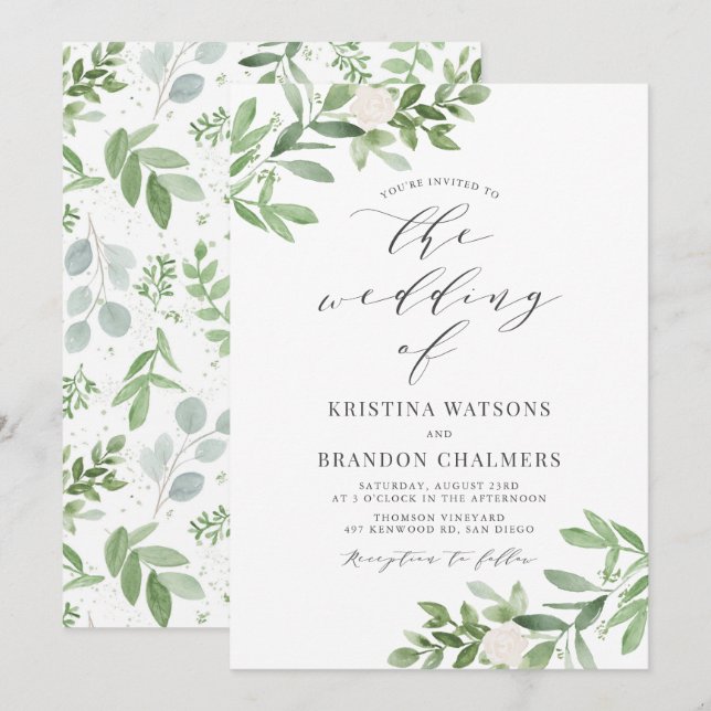 Vattenfärgad grön och vit blommor Grått Bröllop Inbjudningar (Fram/baksida)