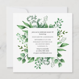 Vattenfärgad grön svenska 16. Grönt 16:e födelseda Inbjudningar