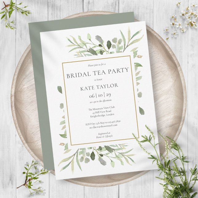 Vattenfärgad grönska Chic Guld Bröllopste Inbjudningar (Watercolor Greenery Chic Gold Bridal Tea Party Invitation)
