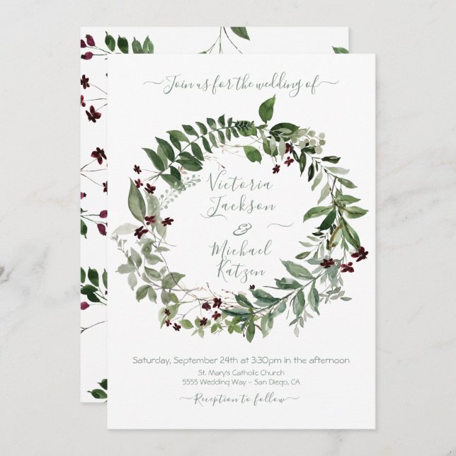 Vattenfärgad Grönt Burgundy Blommigt Bröllop Wande Inbjudningar (Fram/baksida)