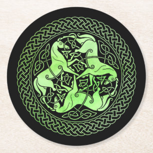 Vattenfärgad Grönt Celtic Knot Ring med hästar Underlägg Papper Rund