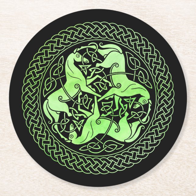 Vattenfärgad Grönt Celtic Knot Ring med hästar Underlägg Papper Rund (Framsidan)