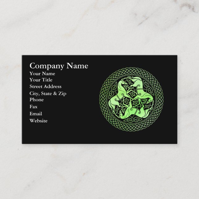 Vattenfärgad Grönt Celtic Knot Ring med hästar Visitkort (Framsida)