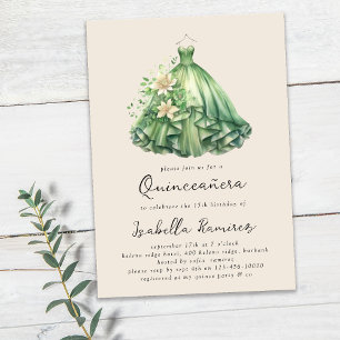 Vattenfärgad Grönt Dress Elegant Quinceañera Inbjudningar