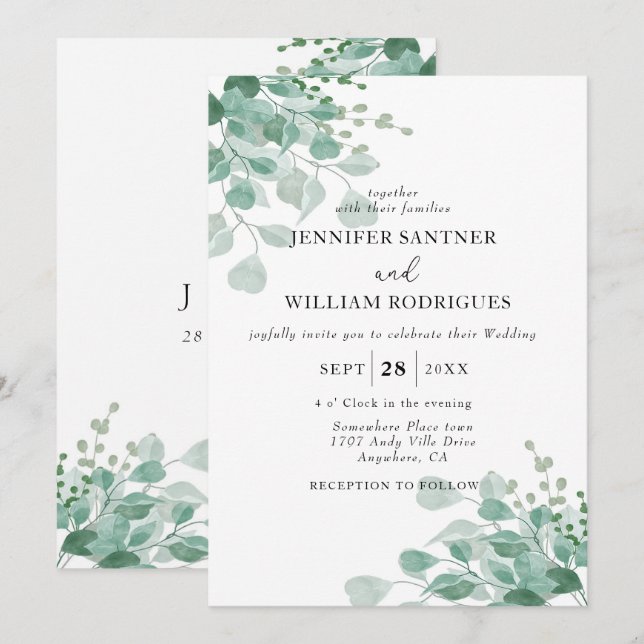 Vattenfärgad Grönt Eucalyptus Blommigt foliage Brö Inbjudningar (Fram/baksida)