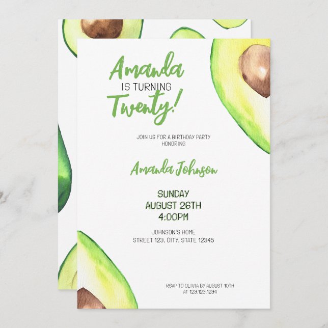 Vattenfärgad Grönt Girly Avocado Birthday Inbjudningar (Fram/baksida)