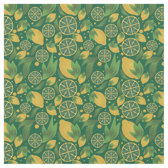 Vattenfärgad Grönt Lemon Fruit Mönster Tyg (Närbild)