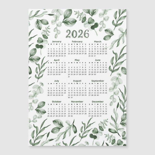 Vattenfärgad Grönt Löv 2026 Kalender (Framsida)