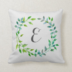 Vattenfärgad Grönt Löv Utandning Monogram Kudde