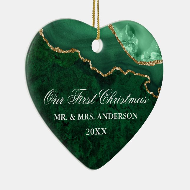 Vattenfärgad Grönt Marble Geode Bröllop Heart PHOT Julgransprydnad Keramik (Höger)