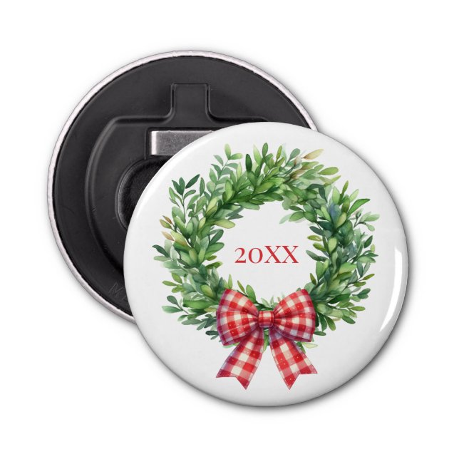 Vattenfärgad Grönt med rött Gingham Bow Flasköppnare (Framsidan)