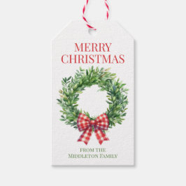 Vattenfärgad Grönt med rött Gingham Bow Presentetikett