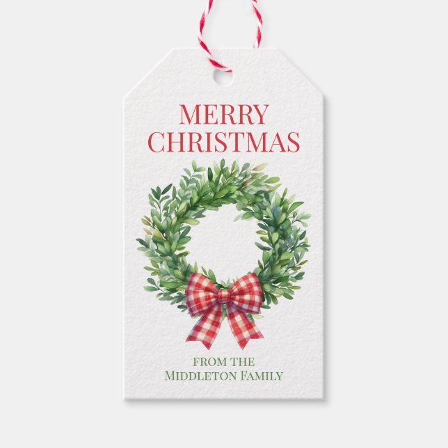 Vattenfärgad Grönt med rött Gingham Bow Presentetikett (Framsidan)