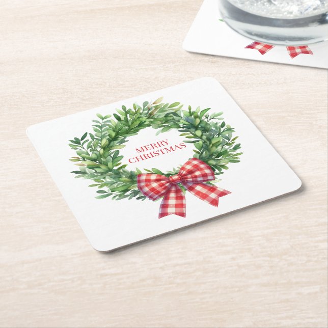 Vattenfärgad Grönt med rött Gingham Bow Underlägg Papper Kvadrat (Vinklad)