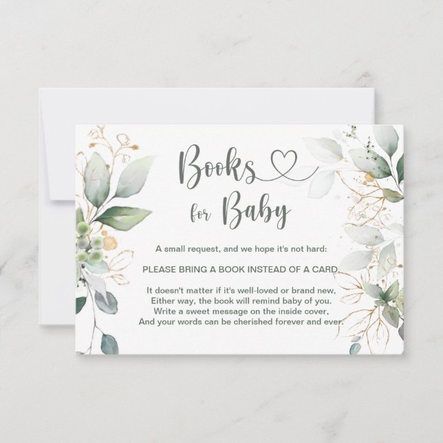 Vattenfärgad grönt och guld blad Bok för baby Invi Inbjudningar (Framsida)