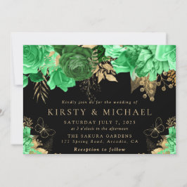 Vattenfärgad Grönt och Guld Flowers Bröllop Inbjudningar