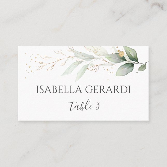 Vattenfärgad grönt och guld löv placeringskort (Framsida)