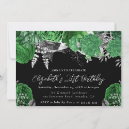 Vattenfärgad Grönt och Silver Ro 21:a födelsedag Inbjudningar