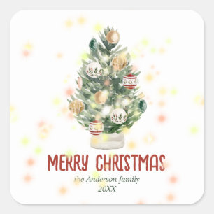 Vattenfärgad Grönt Ornaments Träd God jul Fyrkantigt Klistermärke