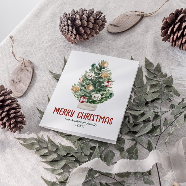 Vattenfärgad Grönt Ornaments Träd God jul Helgkort (Skapare uppladdad)