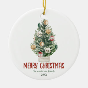 Vattenfärgad Grönt Ornaments Träd God jul Julgransprydnad Keramik