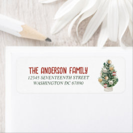Vattenfärgad Grönt Ornaments Träd God jul Returadress Etikett