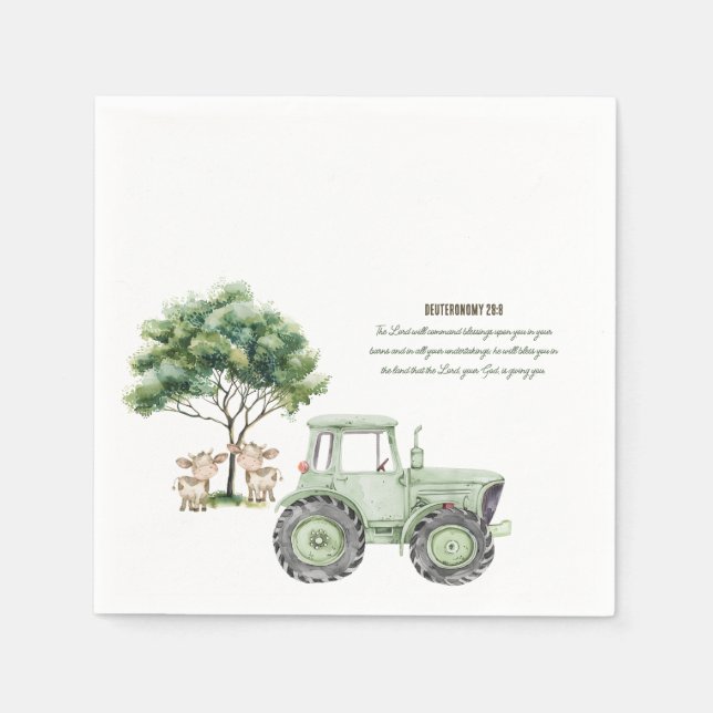Vattenfärgad Grönt Tractor Farm Baby Shower Napkin Pappersservett (Framsidan)