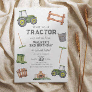 Vattenfärgad Grönt Traktor 2:a födelsedag Inbjudningar