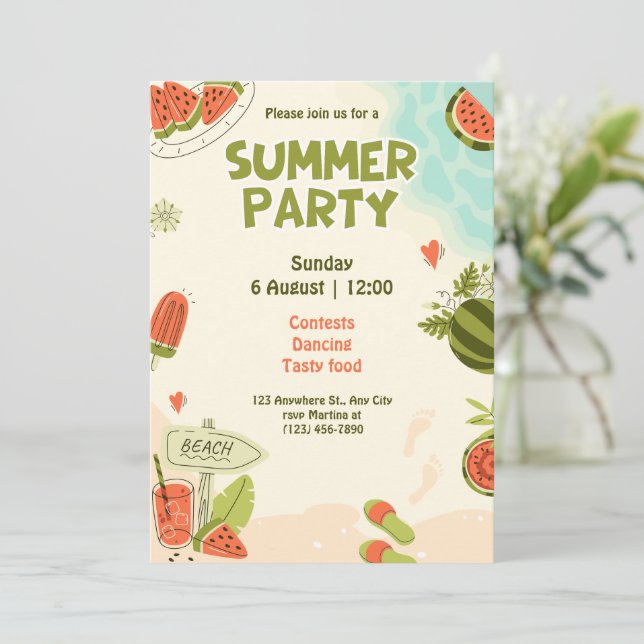 Vattenfärgad grönt vattenmelon sommaren party inbjudningar (Stående Fram)
