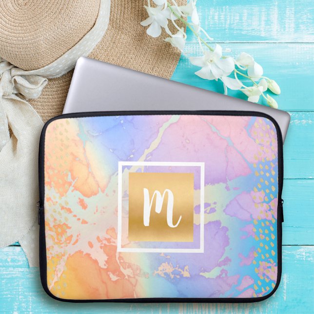 Vattenfärgad guld turkos lila orange monogram laptop fodral (Skapare uppladdad)