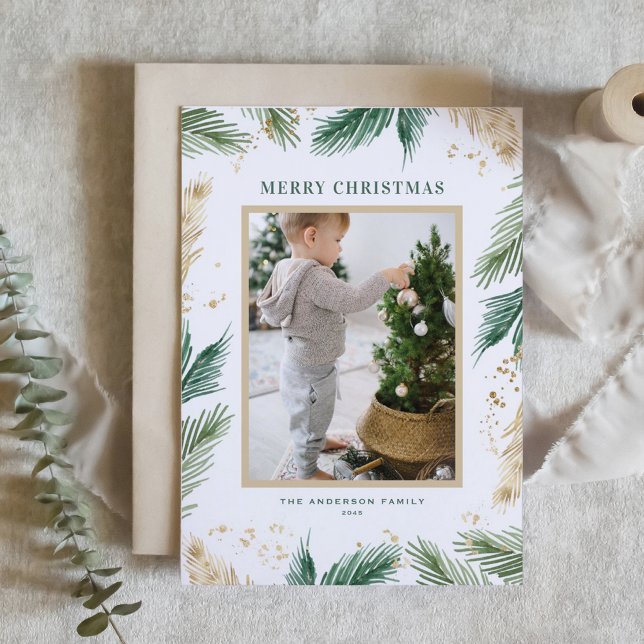 Vattenfärgad guldblomma, Gräs, Nål, fotopaus Helgkort (Watercolor and Faux Foil Pine Needles Photo Merry Christmas Card)