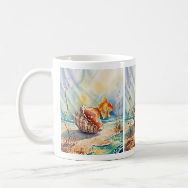 Vattenfärgad guldfisk i korall Snäcka Kaffemugg (Vänster)